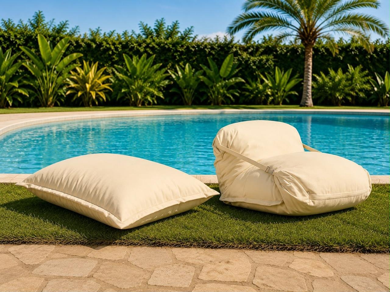 Poltrona e almofadão flutuante bege junto à piscina
