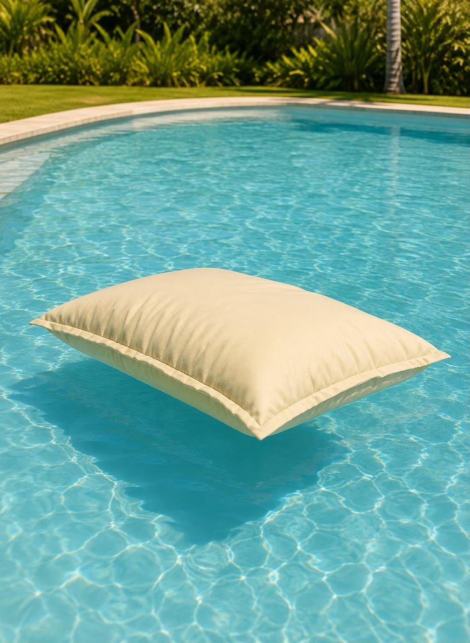 Almofadão flutuante bege na piscina