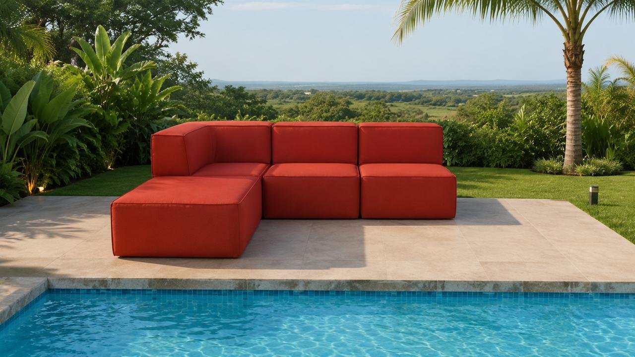 Sofá vermelho em composição em L